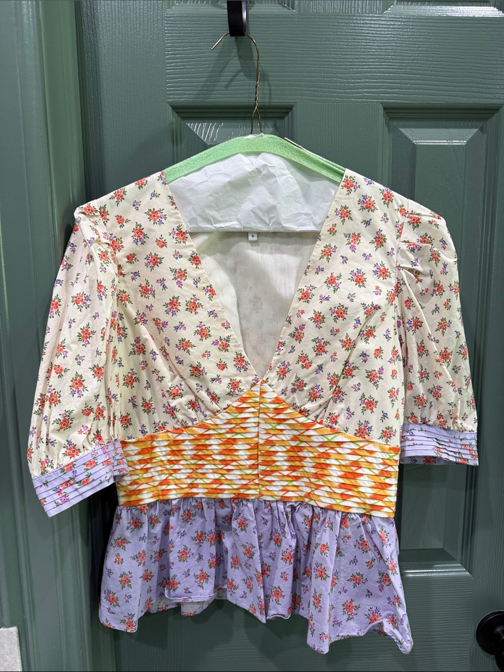English Factory Floral Patchwork V-Neck Peplum Blouse in Cream, Purple, Orange